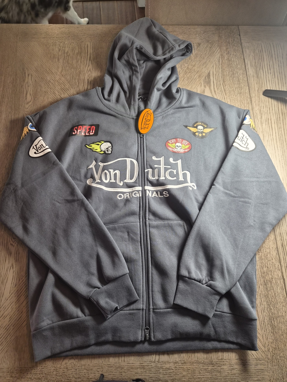 Von Dutch Gray Hoodie Jacket with Vintage Patch Details